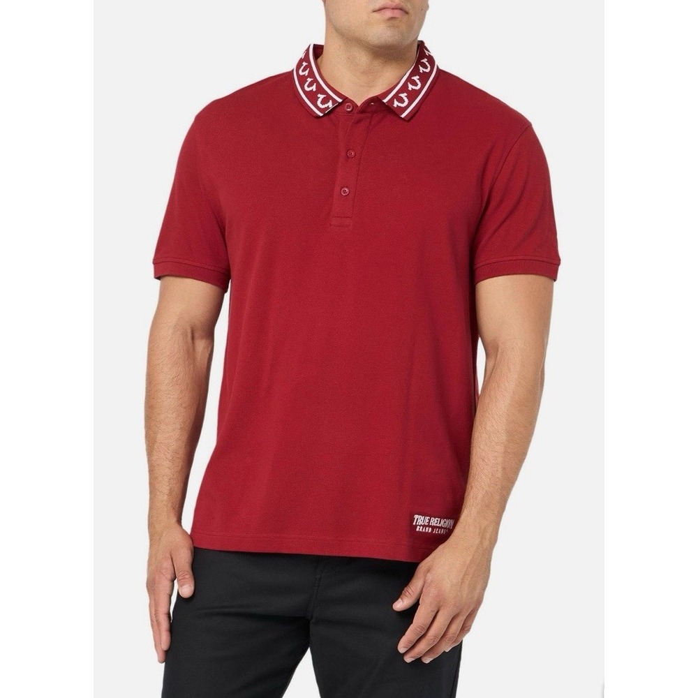 True Religion Mens Polo Shirt Relaxed Fit Tipping Collar SS Pique Casual Tee Top